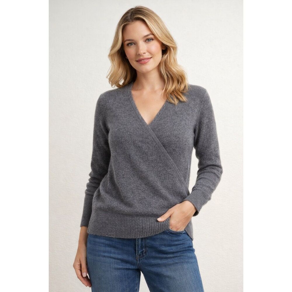 Charter Club 100% Cashmere Gray Wrap Sweater Women Small V-Neck Luxury Soft